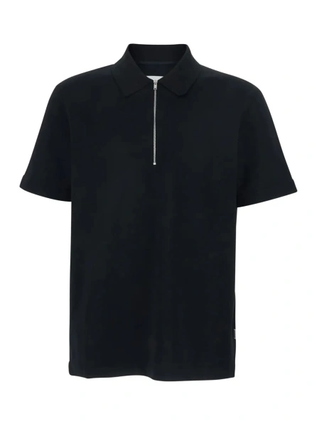 Tricou Polo black Polo Shirt with front zip closure and classic collar in cotton for men