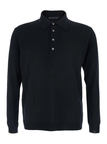 Tricou Polo Black Sweater with Polo Shirt Style Collar and Long Sleeves in Wool Man