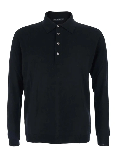 Tricou Polo Black Sweater with Polo Shirt Style Collar and Long Sleeves in Wool Man