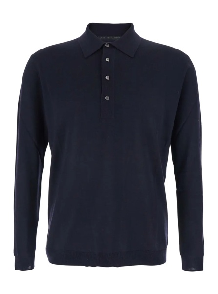 Tricou Polo Blue Sweater with Polo Shirt Style Collar and Long Sleeves in Wool Man