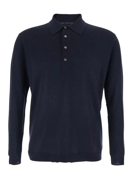 Tricou Polo Blue Sweater with Polo Shirt Style Collar and Long Sleeves in Wool Man