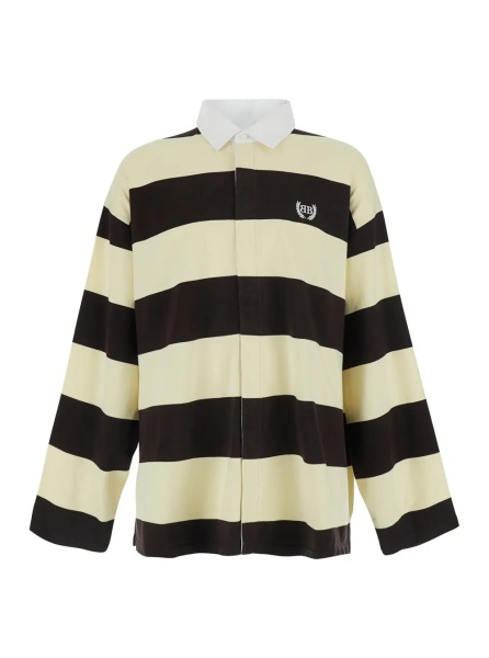 Tricou Polo Brown Long Sleeve Polo Shirt with Logo Embroidery on the Front and All-Over Stripes in Cotton for Men