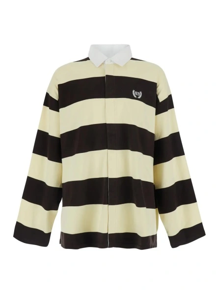 Tricou Polo Brown Long Sleeve Polo Shirt with Logo Embroidery on the Front and All-Over Stripes in Cotton for Men