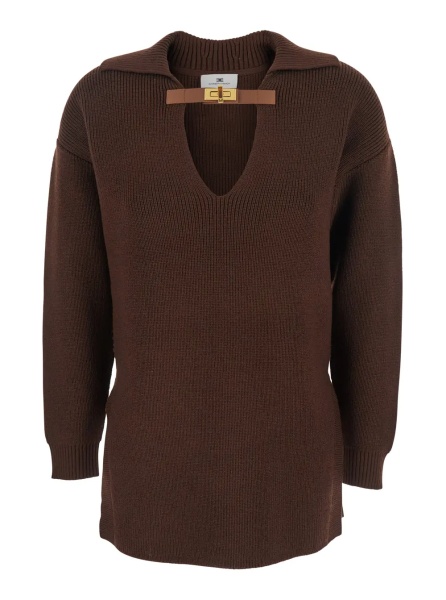 Tricou Polo Brown Sweater with Polo Shirt Style Collar and Buckle Detail on the Front in Wool Blend Woman