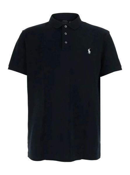 Tricou Polo 'Custom Fit' Black polo shirt with classic collar and Pony embroidery on the front in cotton for men