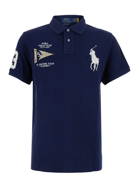 Tricou Polo 'Custom Fit' Blue polo shirt with Maxi Pony on the Front and Numeric Logo on the Sleeve in Cotton for Men