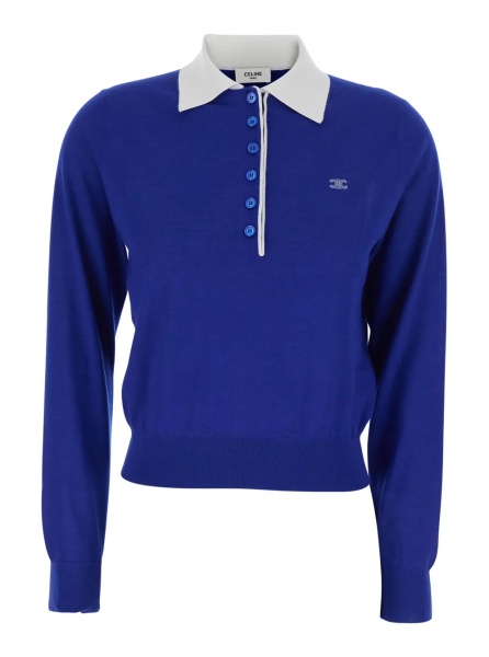 Tricou Polo Polo Collar Sweater with Triomphe Embroidery on Front in Blue Cashmere and Silk for Women