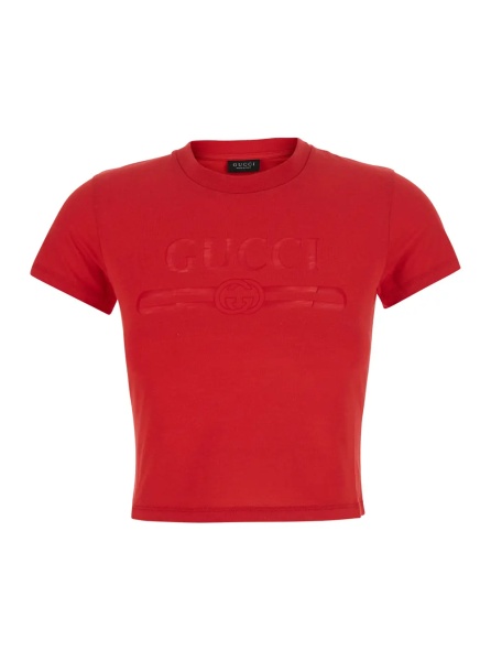 Tricou Red cropped T-shirt with tone-on-tone logo on the front and Dropped shoulders in cotton for women
