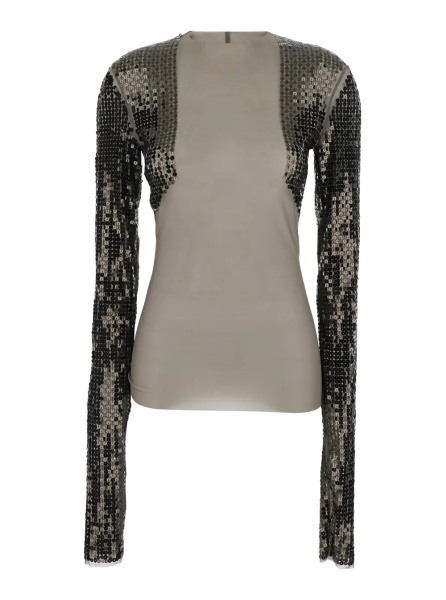Tricou T-Shirt 'Dennis' Short with Long Sleeves with Sequins in Tech Fabric Stretch Gray Women