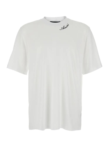 Tricou White Crew neck T-shirt with wide short sleeves and logo lettering embroidery on the neck in tech fabric for men