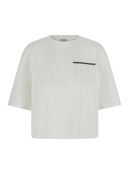 Tricou white crop crewneck T-shirt with front patch pocket with Monile in cotton for women
