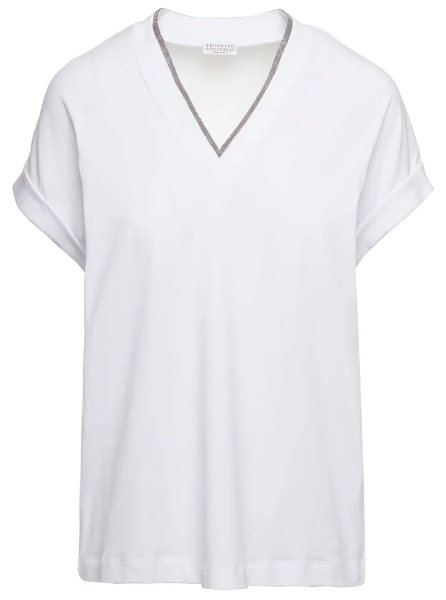 Tricou White V-Neck T-Shirt with Monile Detail in Stretch Cotton Woman Brunello Cucinelli