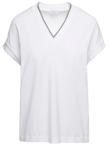 Tricou White V-Neck T-Shirt with Monile Detail in Stretch Cotton Woman Brunello Cucinelli