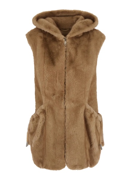 Blanuri Beige Sleeveless Hooded Fur Jacket with Front Drawstring in Eco Fur for Women
