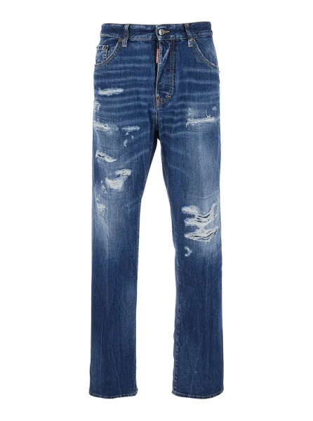 Blugi '642' Blue Jeans with All-Over Ripped Details and Logo Patch on the Back in Denim for Men