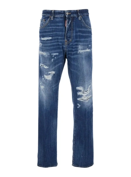 Blugi '642' Blue Jeans with All-Over Ripped Details and Logo Patch on the Back in Denim for Men