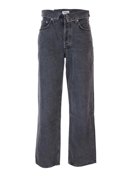 Blugi Black Jeans with Front-Fold Design and Logo Patch on the Rear in Denim Woman