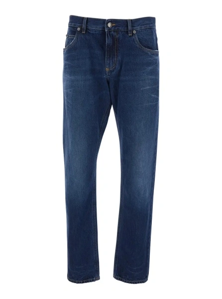 Blugi Blue Jeans with Belt Loops and Logo Patch on the Back for Men