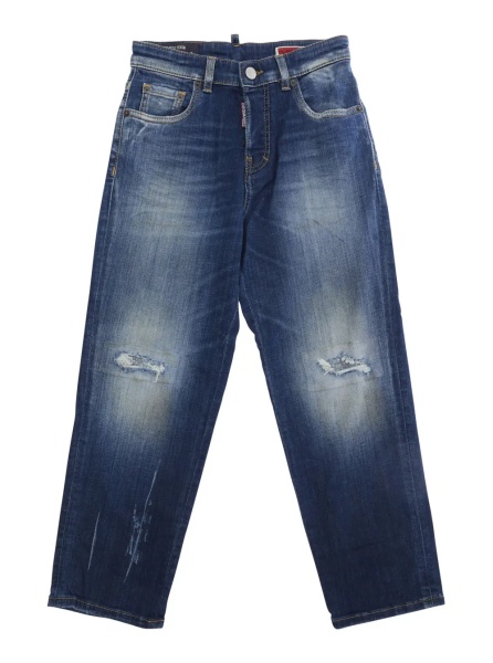 Blugi Blue Jeans with ripped details on the front and logo patch on the back in denim Boy