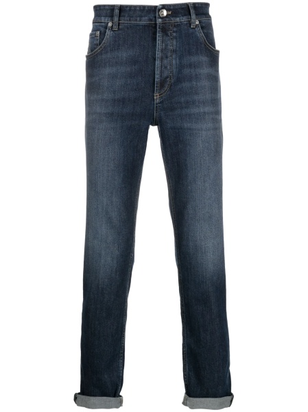 Blugi slim fit Brunello Cucinelli albastri din elastan si piele