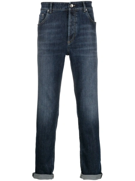Blugi slim fit Brunello Cucinelli albastri din elastan si piele