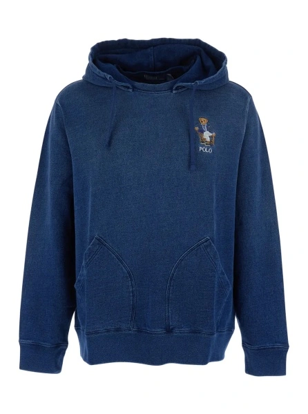 Bluza de trening Ralph Lauren albastra din bumbac cu gluga si logo aplicat