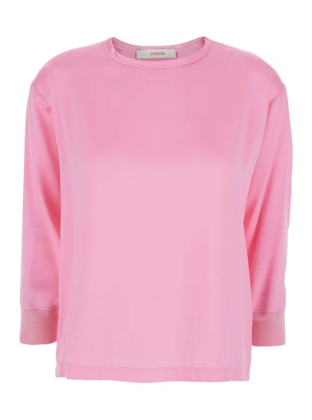 Bluza Pink Blouse with Long Sleeves and Round Neck in Fabric for Women