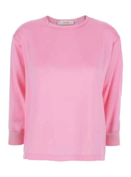 Bluza Pink Blouse with Long Sleeves and Round Neck in Fabric for Women