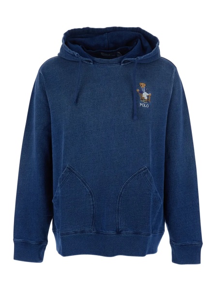 Bluza trening Blue Hoodie with drawstring hood and logo patch on the front in denim effect cotton for men