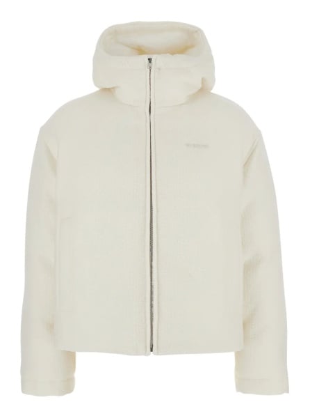 Bomber White Wool Bomber Jacket with Fixed Hood and Logo Lettering on the Front