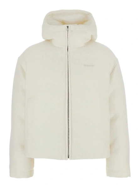 Bomber White Wool Bomber Jacket with Fixed Hood and Logo Lettering on the Front