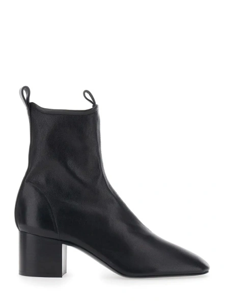Botine Black ankle boots with medium block heel and Triomphe plate on the back in leather for women