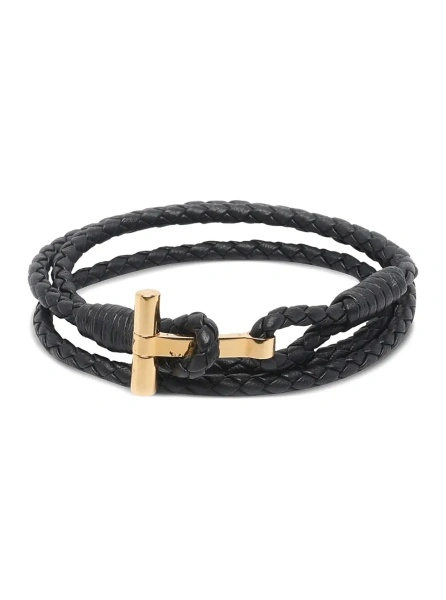 Bratari Black Bracelet with woven design and T plaque closure in leather for men