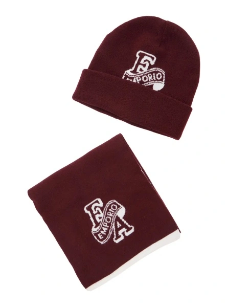 Caciula brown Set with scarf and beanie with Embossed logo in Fabric for Boy