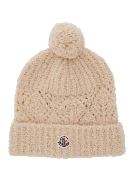 Caciula White Beanie with Pompom and Logo Patch on the Front in Wool Girl