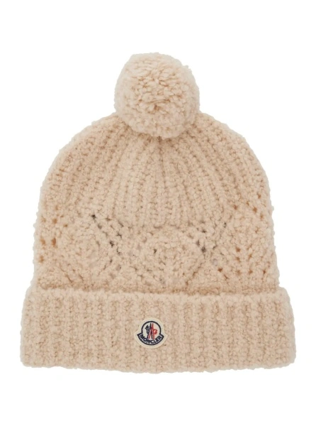 Caciula White Beanie with Pompom and Logo Patch on the Front in Wool Girl