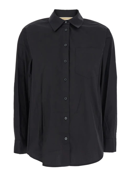 Camasa Black Shirt with Button-Down Collar and One Front Patch Pocket in Cotton Stretch Woman