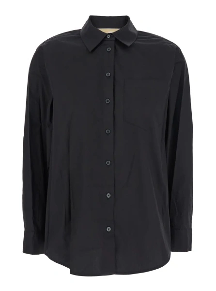 Camasa Black Shirt with Button-Down Collar and One Front Patch Pocket in Cotton Stretch Woman