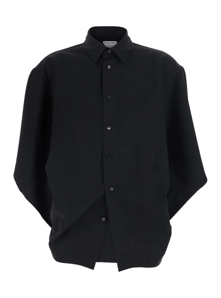 Camasa Black Shirt with Classic Collar and Oversized Short Sleeves in Wool for Women