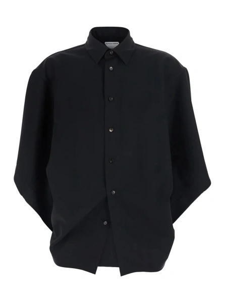 Camasa Black Shirt with Classic Collar and Oversized Short Sleeves in Wool for Women