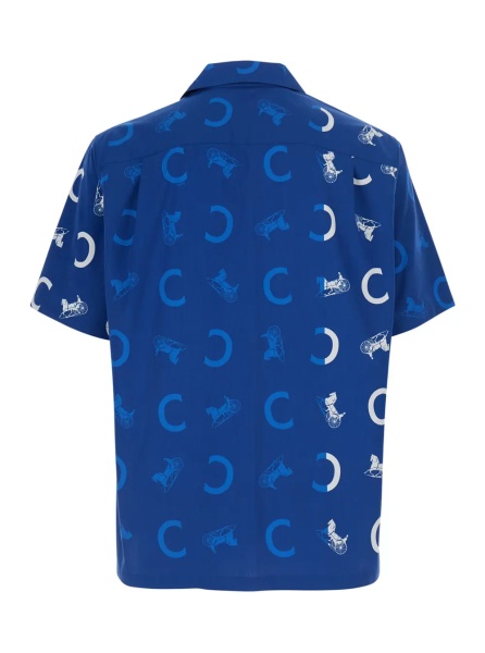 Camasa Blue Bowling Shirt with Cuban Collar and All-Over Logo Print in Silk for Men