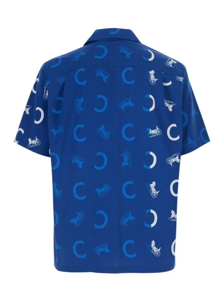 Camasa Blue Bowling Shirt with Cuban Collar and All-Over Logo Print in Silk for Men
