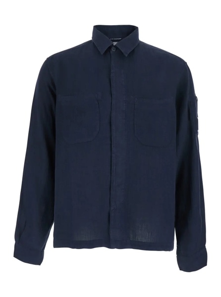 Camasa Blue Shirt with Classic Collar and Logo Plate on the Sleeve in Linen Man
