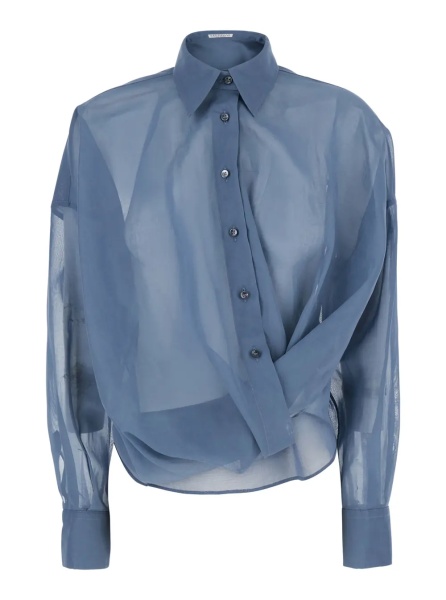 Camasa Blue Shirt with Off-Center Closure on the Front and Monil on the Back in Cotton for Women