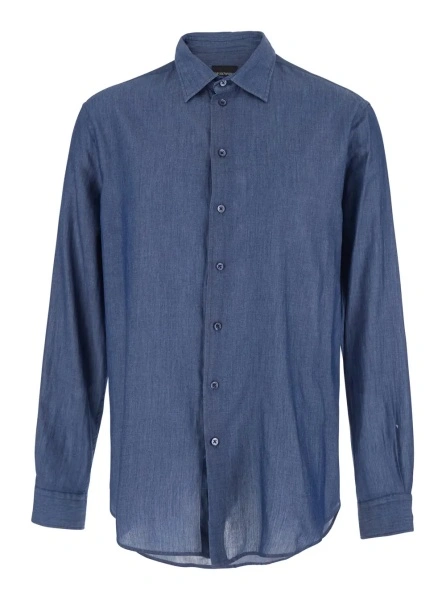 Camasa blue shirt with Pointed collar in cotton denim for men