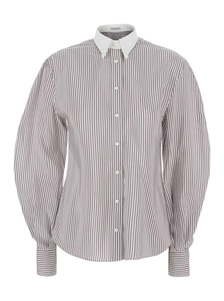 Camasa Brown Shirt with All-over Stripe Motif and Balloon Sleeves in Silk for Women