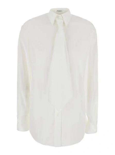 Camasa white Shirt with classic collar and oversized tie on the front in cotton for women