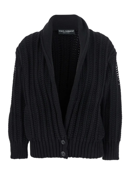 Cardigane Black Cardigan with Wide Neckline on the Front in Virgin Wool Woman