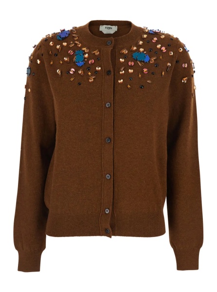 Cardigane Brown Crewneck Cardigan with Rhinestone Embroidery in Wool and Cashmere Woman