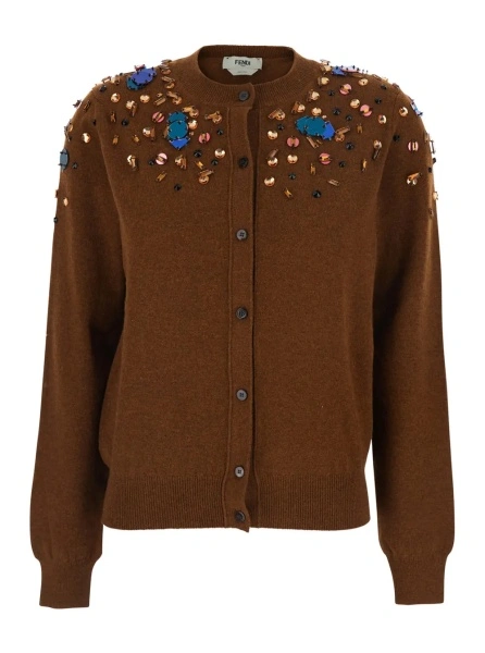 Cardigane Brown Crewneck Cardigan with Rhinestone Embroidery in Wool and Cashmere Woman